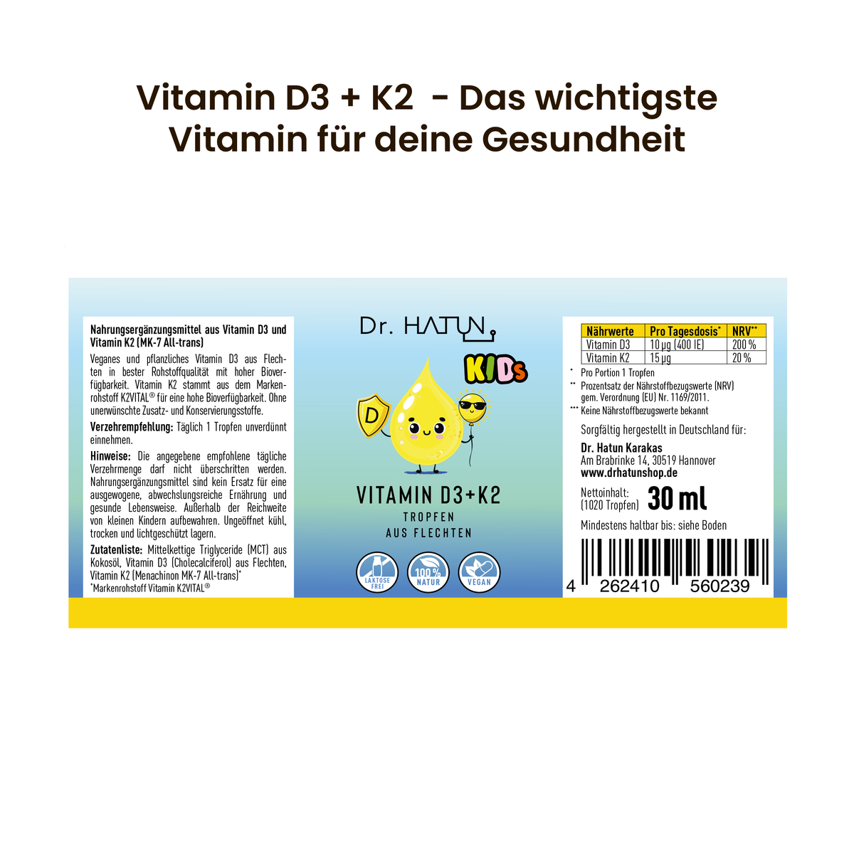 Vitamin D3 + K2 Tropfen Kids aus Flechten mit K2VITAL®, vegan