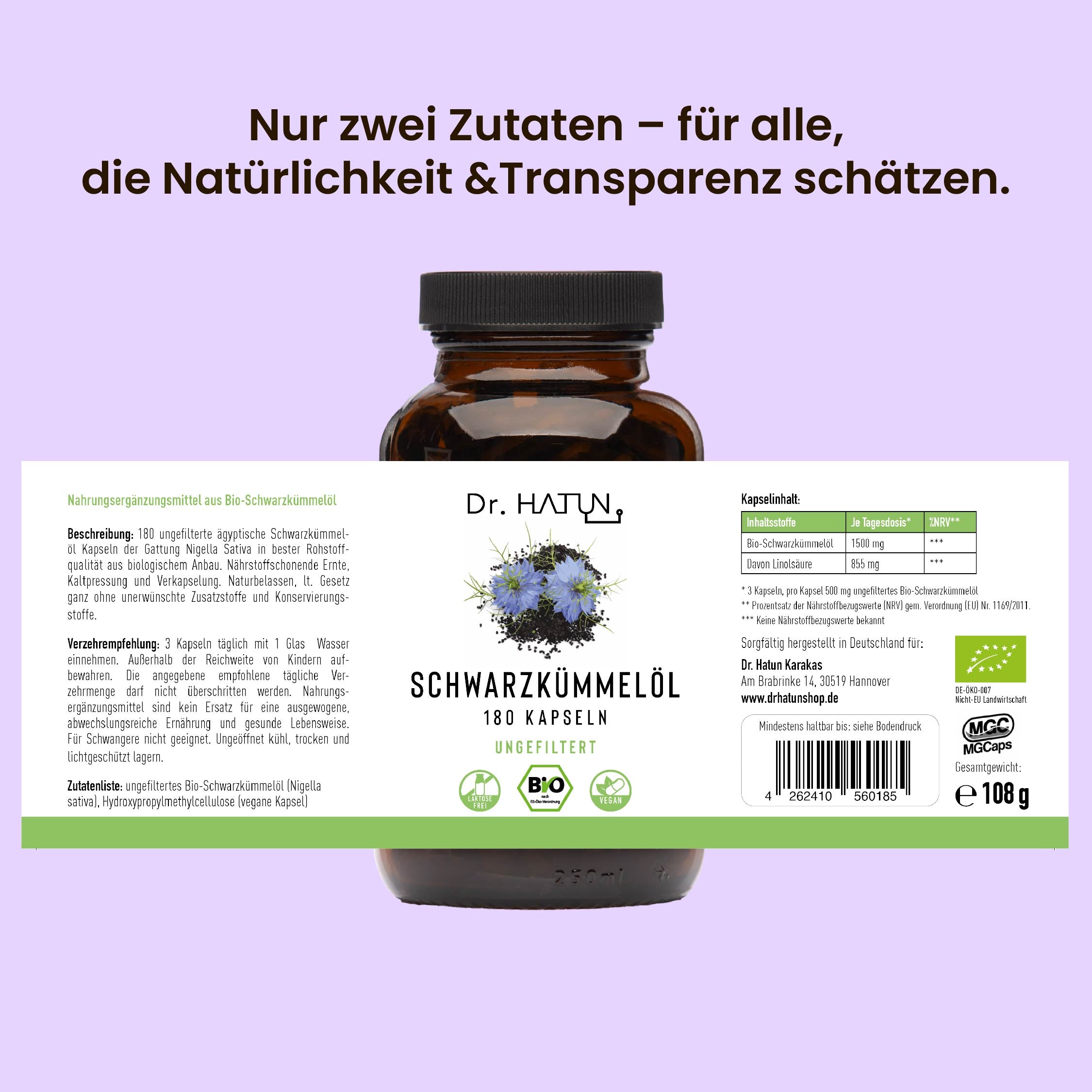 Produktbild von Dr. Hatun Bio-Schwarzkümmelöl Kapseln – 180 ungefilterte Kapseln in brauner Glasflasche, naturrein und ohne Zusatzstoffe – mit Etikett, das Inhaltsstoffe, Verzehrempfehlung und Bio-Siegel zeigt.