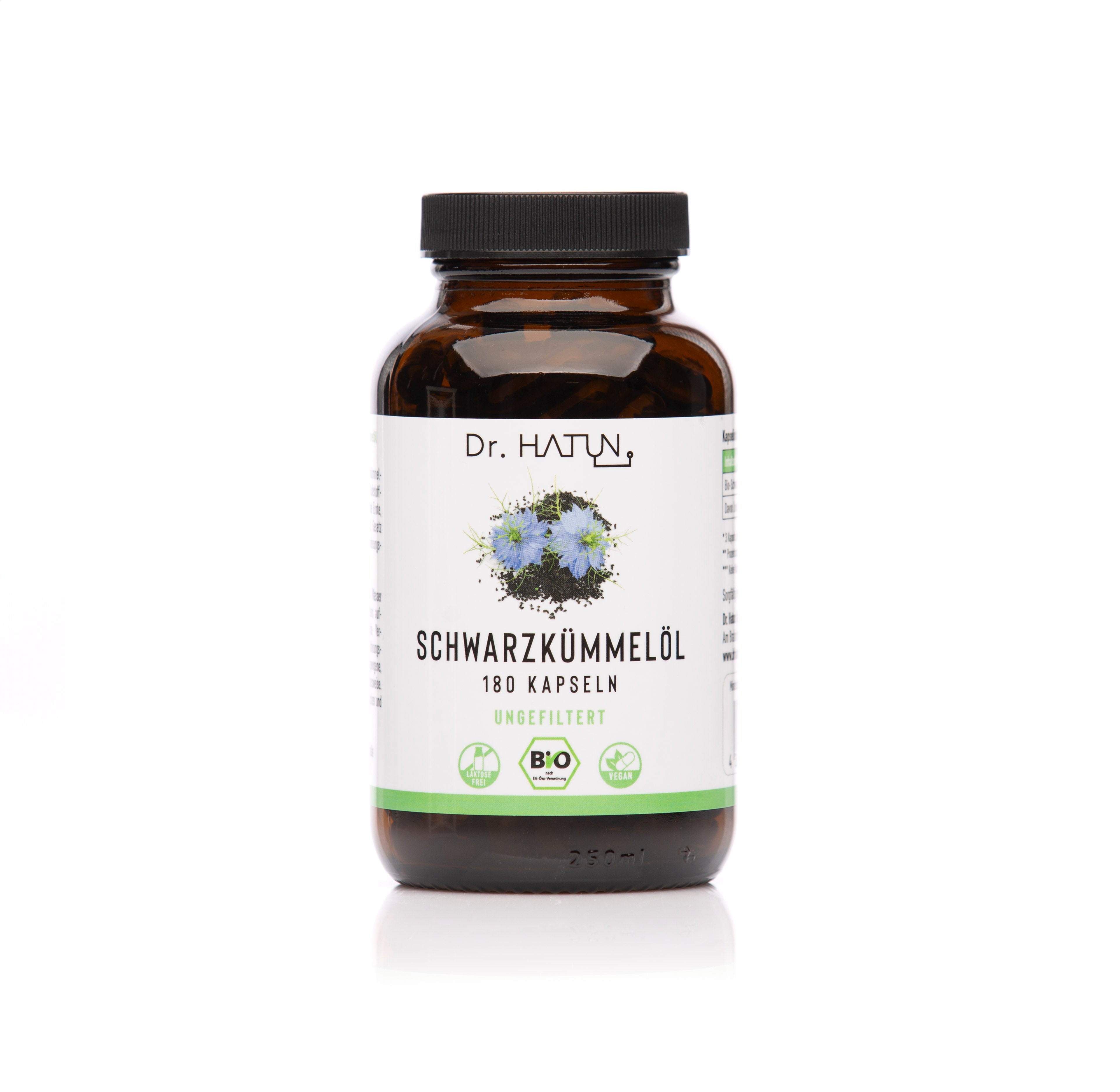Braune Glasflasche Dr. Hatun Bio Schwarzkümmelöl Kapseln ungefiltert, 180 vegane Kapseln, kaltgepresstes Schwarzkümmelöl, hochwertiges Nahrungsergänzungsmittel

•	100 % reines ägyptisches Schwarzkümmelöl (Nigella sativa)
•	Ungefiltert – mit vollem Spektrum an natürlichen Inhaltsstoffen
•	Hoher Thymochinon-Gehalt: 570 mg / 100 g (Laborgeprüft)
•	Schonend kaltgepresst & mühlenfrisch in Deutschland abgefüllt
•	Bio-zertifiziert nach EU-Öko-Verordnung
•	Ohne Zusatzstoffe, Gelatinefrei & Vegan
•	Ideal dosierbar