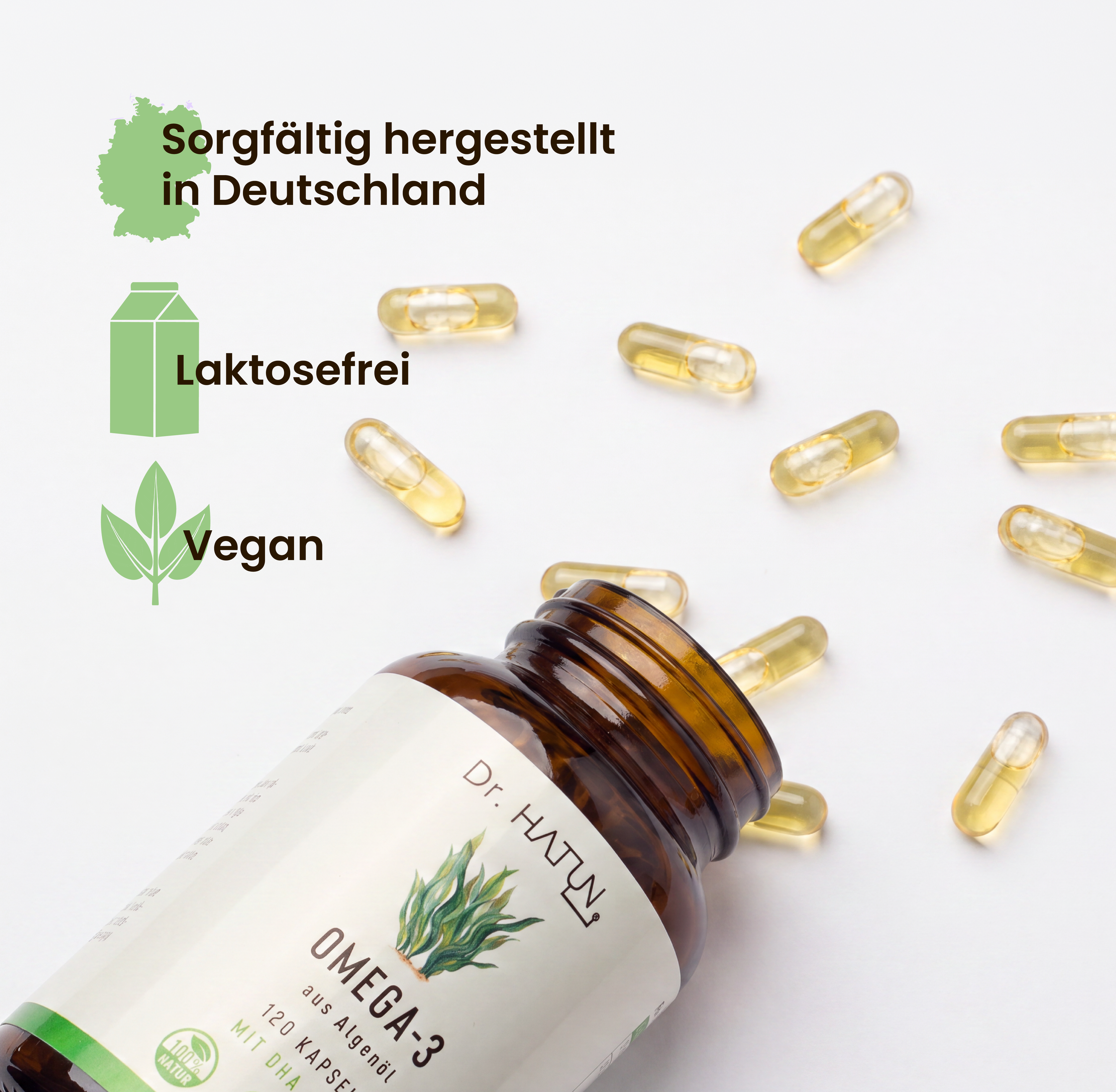 Geöffnete Dr. Hatun Omega-3 Algenöl-Dose mit veganen Kapseln. Sorgfältig in Deutschland hergestellt, vegan und laktosefrei.