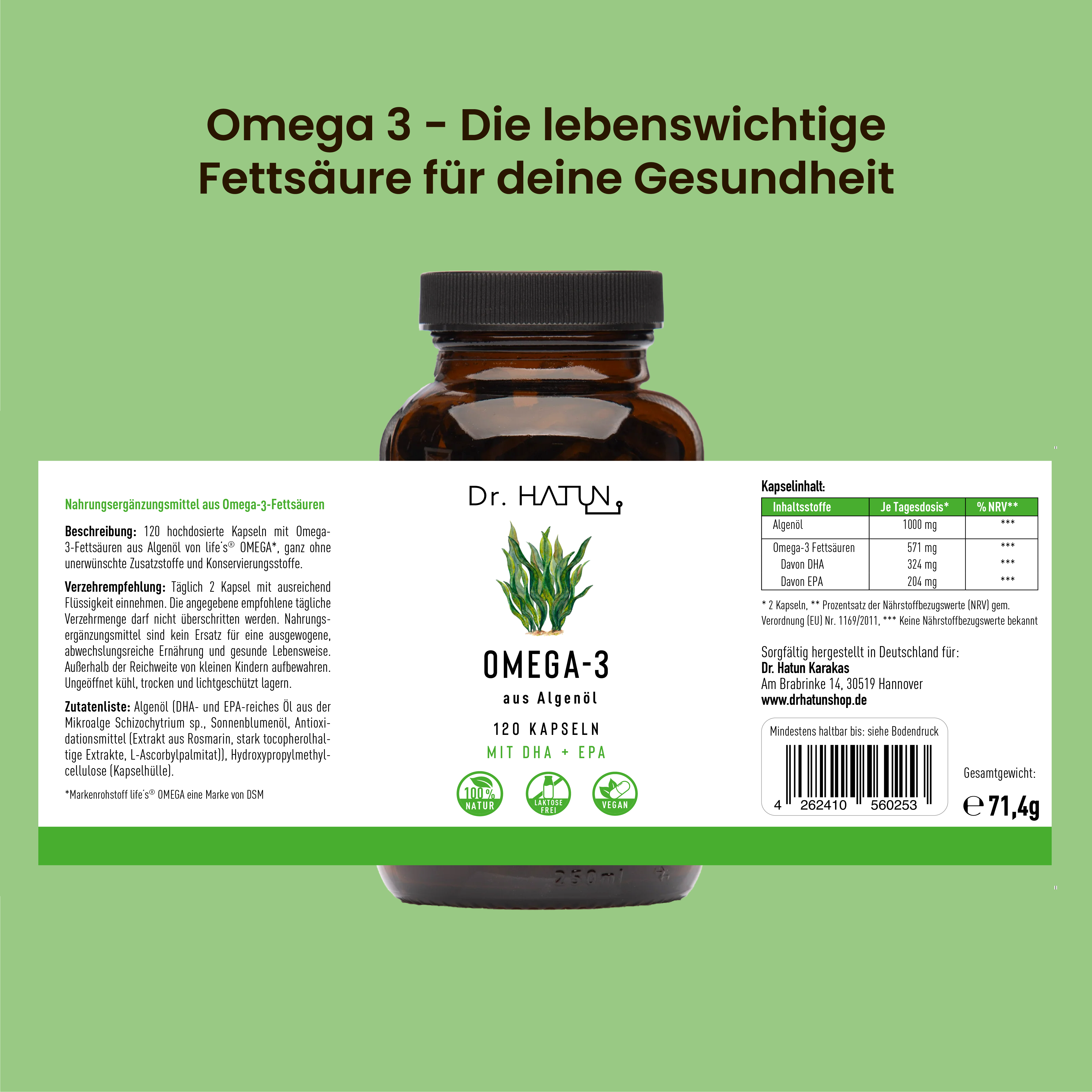 Verpackung der Dr. Hatun Omega-3 life's®OMEGA Kapseln aus hochwertigem Algenöl.