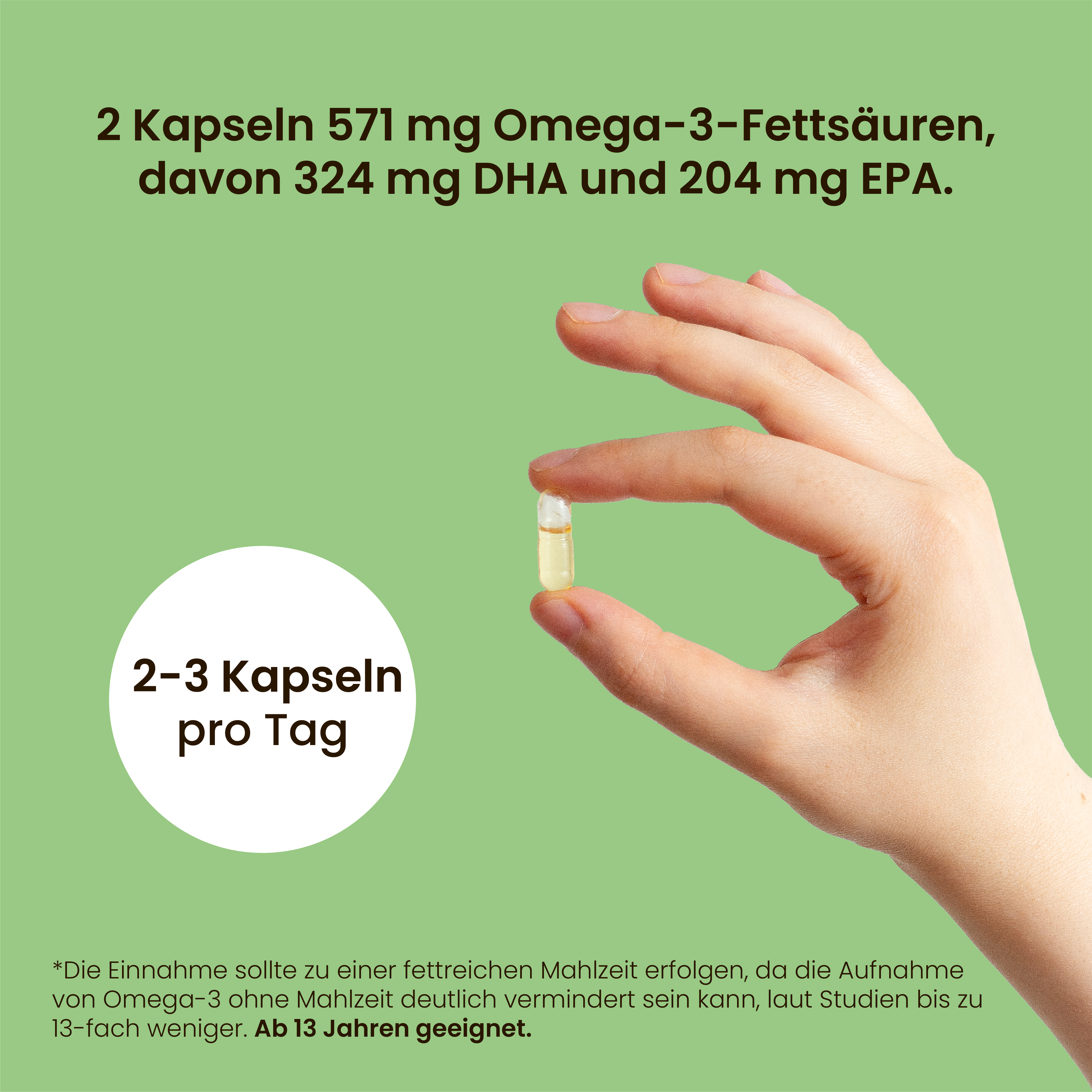 Dr. Hatun Omega-3 Algenöl-Kapsel zwischen zwei Fingern mit Hinweis auf die empfohlene Tagesdosis von 2 Kapseln sowie 571 mg Omega-3-Fettsäuren mit 324 mg DHA und 204 mg EPA.